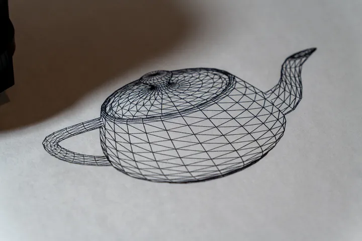 Utah teapot wireframe drawn in pen on paper by a converted 3D printer