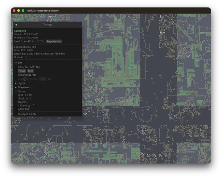 Plant-evolution cellular automaton rendered in the wgpu viewer